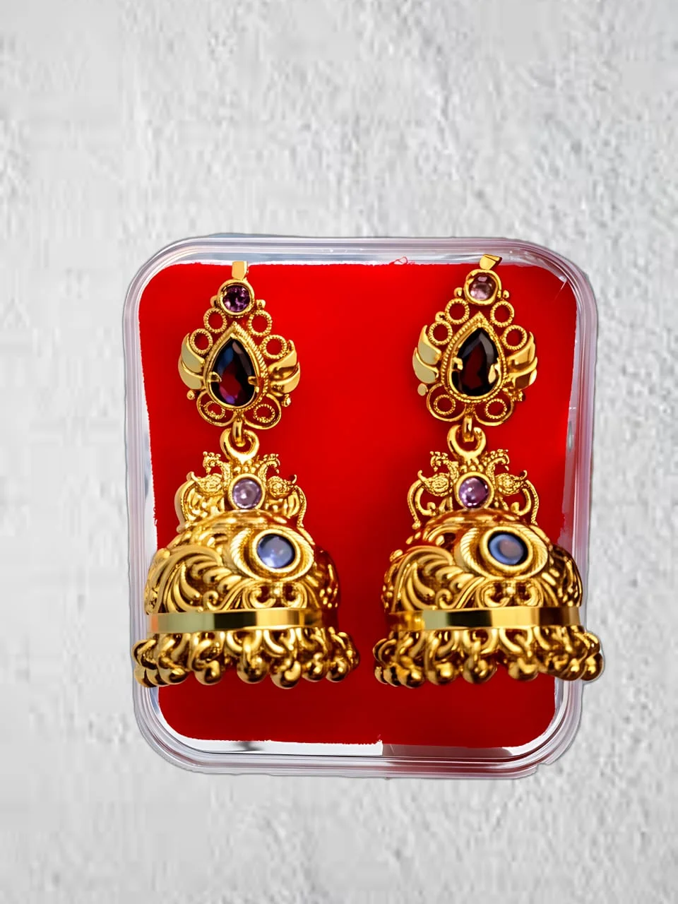 Classic Bridal Jhumka Earrings Gold Plated High Polish Traditional Indian Temple Jewellery with Multicolour Stone Embellishments Wedding Party Ethnic Wear Drop Earrings for Women image 4