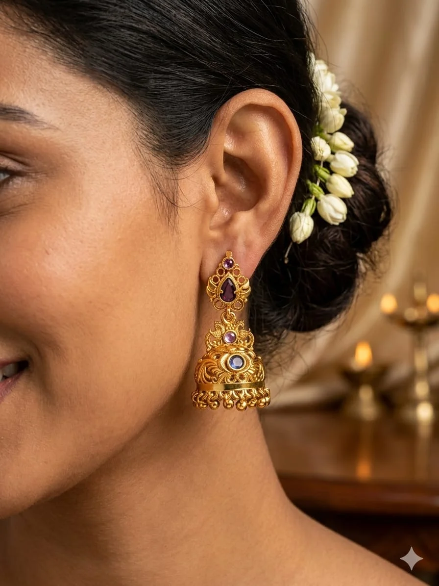 Classic Bridal Jhumka Earrings Gold Plated High Polish Traditional Indian Temple Jewellery with Multicolour Stone Embellishments Wedding Party Ethnic Wear Drop Earrings for Women image 1