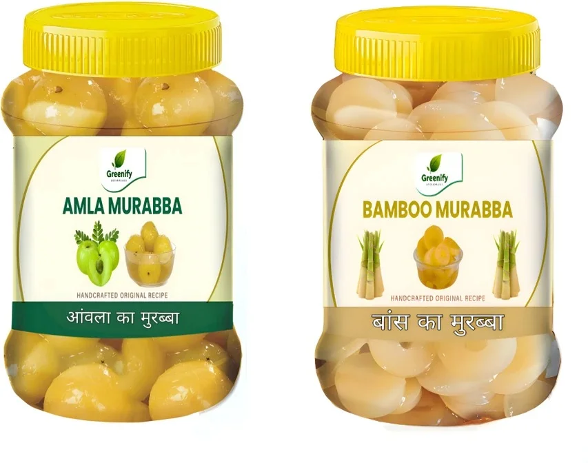 Pure Bamboo Baans and Amla Murabba 1 Kg Handcrafted Traditional Indian Ayurvedic Sweet Rich in Vitamin C Silica Natural Gooseberry Fruit Preserve 2 x 500 g Pack image 1