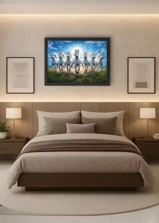 7 Running Horses Painting Wooden Photo Frame Vastu Shastra Wall Art for Home Living Room Office Décor Positive Energy Feng Shui Decor Frame image 2