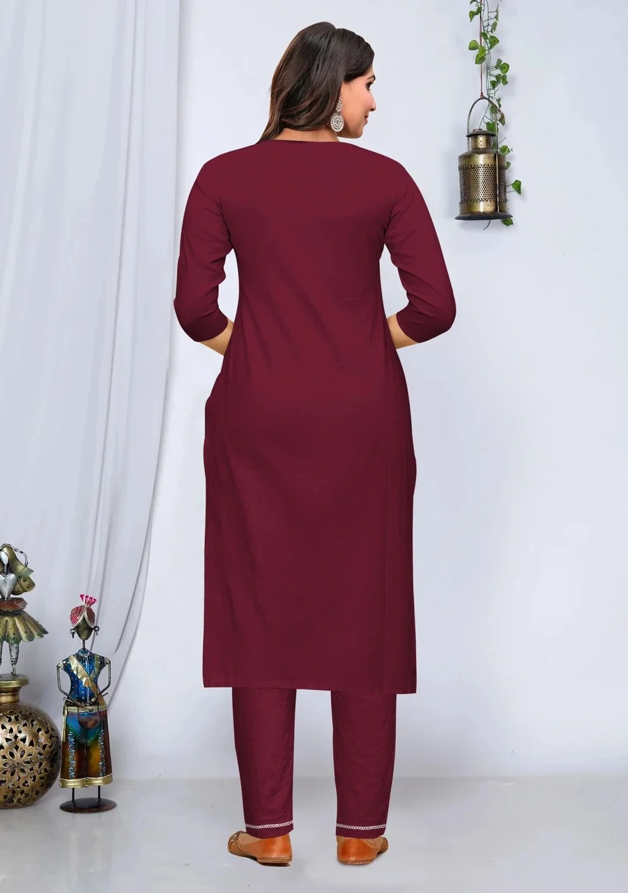 N S CLOTHING Pack of 2 Women Cotton Blend Khadi Cotton A-Line Kurta Combo Set Maroon Solid Striped Woven Design Ethnic Casual Office Wear Kurti for Daily Wear Festive Traditional Indian Clothing Maroon L image 3