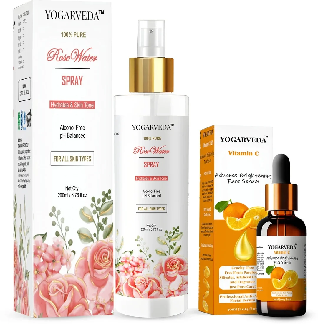 YOGARVEDA Rose Water Spray 200ml with Vitamin C Face Serum 30ml Combo for Glowing Skin, Hydrating Facial Mist, Brightening Dark Spot Removal Serum, Skin Refreshing Face Care Kit for Women & Men image 1