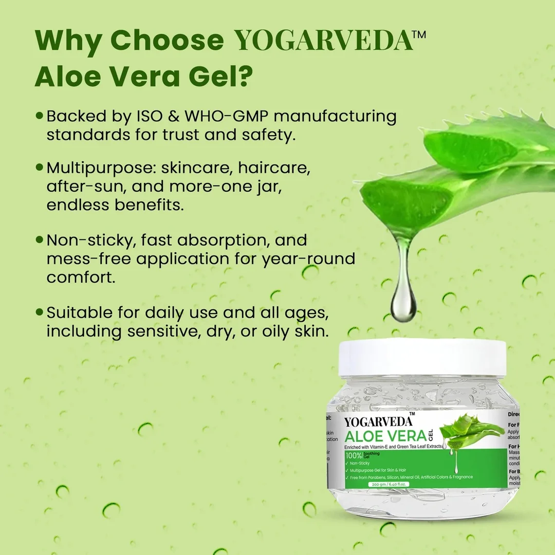 YOGARVEDA Aloe Vera Gel 200g & Vitamin C Face Serum 30ml Combo for Glowing Skin, Hydrating Face Gel, Dark Spot Reduction Serum, Skin Brightening Moisturiser, Anti Acne Skincare Kit for Women & Men image 3