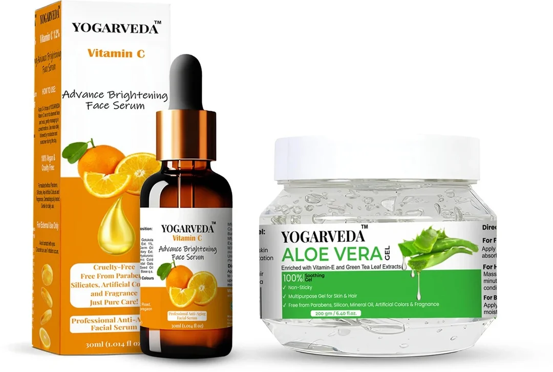 YOGARVEDA Aloe Vera Gel 200g & Vitamin C Face Serum 30ml Combo for Glowing Skin, Hydrating Face Gel, Dark Spot Reduction Serum, Skin Brightening Moisturiser, Anti Acne Skincare Kit for Women & Men image 1