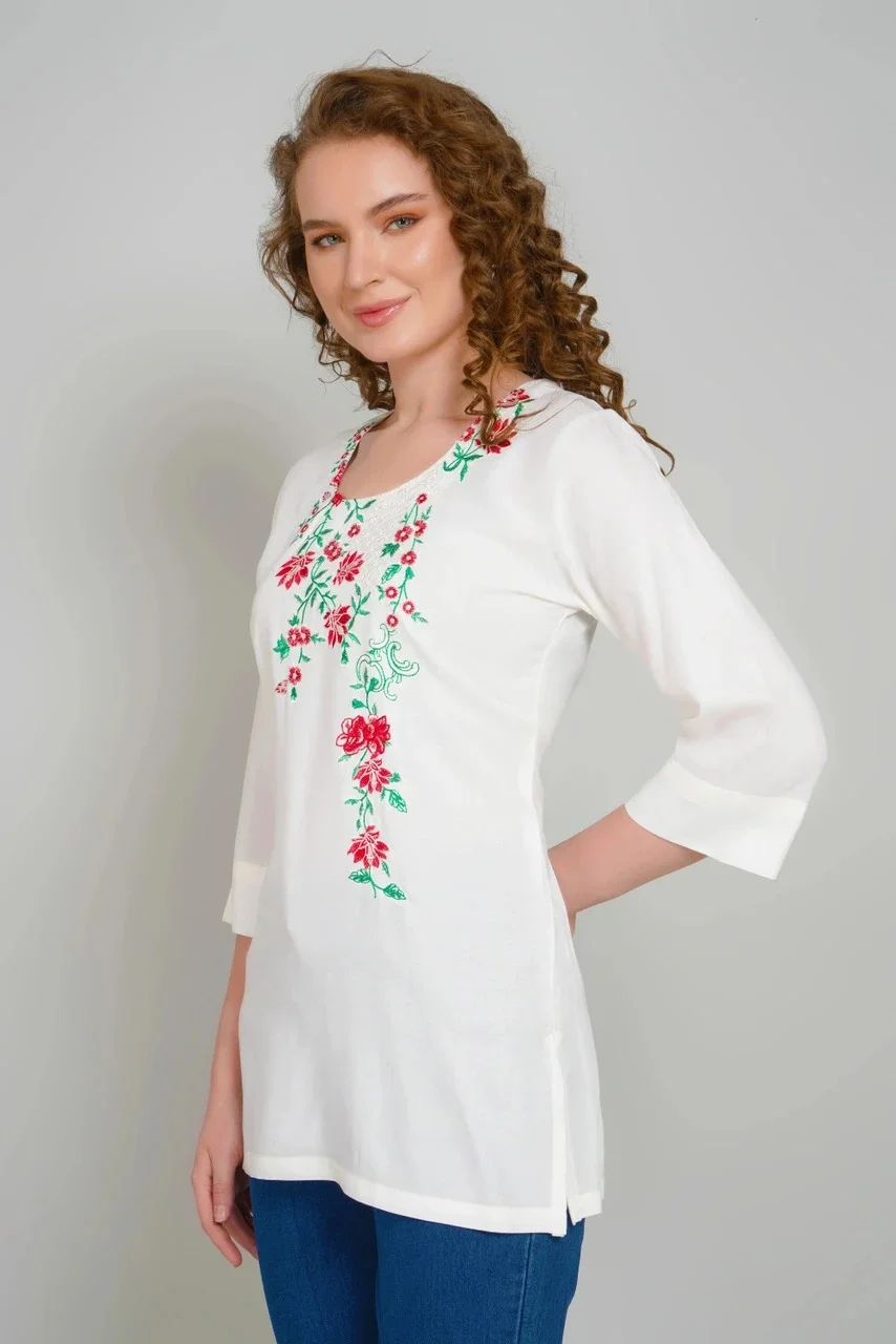 Women Embroidered Tunic Top for Women Cotton Rayon Ethnic Tunic Kurti Casual Office Wear Floral Embroidery Long Tunic for Jeans Leggings Daily Wear Indian Fusion Top Multiple M image 2