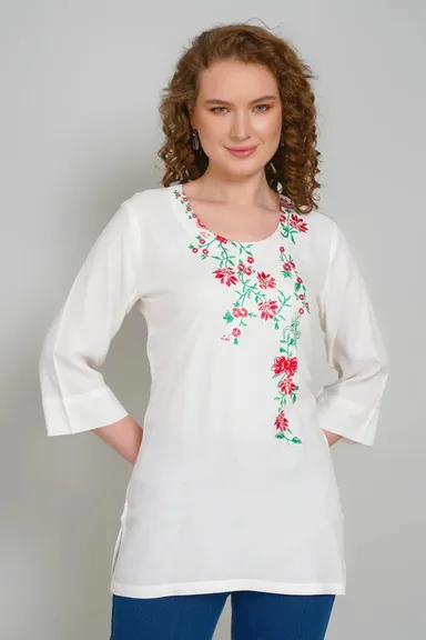 Women Embroidered Tunic Top for Women Cotton Rayon Ethnic Tunic Kurti Casual Office Wear Floral Embroidery Long Tunic for Jeans Leggings Daily Wear Indian Fusion Top Multiple XL thumbnail 1