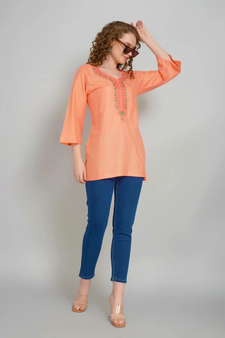 Women Round Neck Embroidered Cotton Tunic Top for Women Casual Ethnic Kurti Style Long Tunic Regular Fit Daily Wear Office Wear Cotton Embroidered Kurta Tunic for Jeans Leggings dependent M image 2