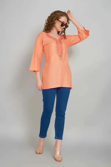 Women Round Neck Embroidered Cotton Tunic Top for Women Casual Ethnic Kurti Style Long Tunic Regular Fit Daily Wear Office Wear Cotton Embroidered Kurta Tunic for Jeans Leggings dependent M thumbnail 1