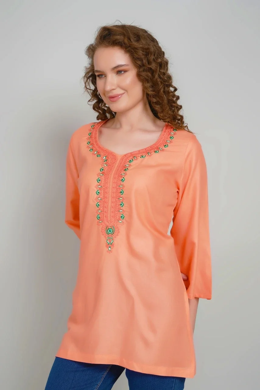 Women Round Neck Embroidered Cotton Tunic Top for Women Casual Ethnic Kurti Style Long Tunic Regular Fit Daily Wear Office Wear Cotton Embroidered Kurta Tunic for Jeans Leggings dependent M image 3