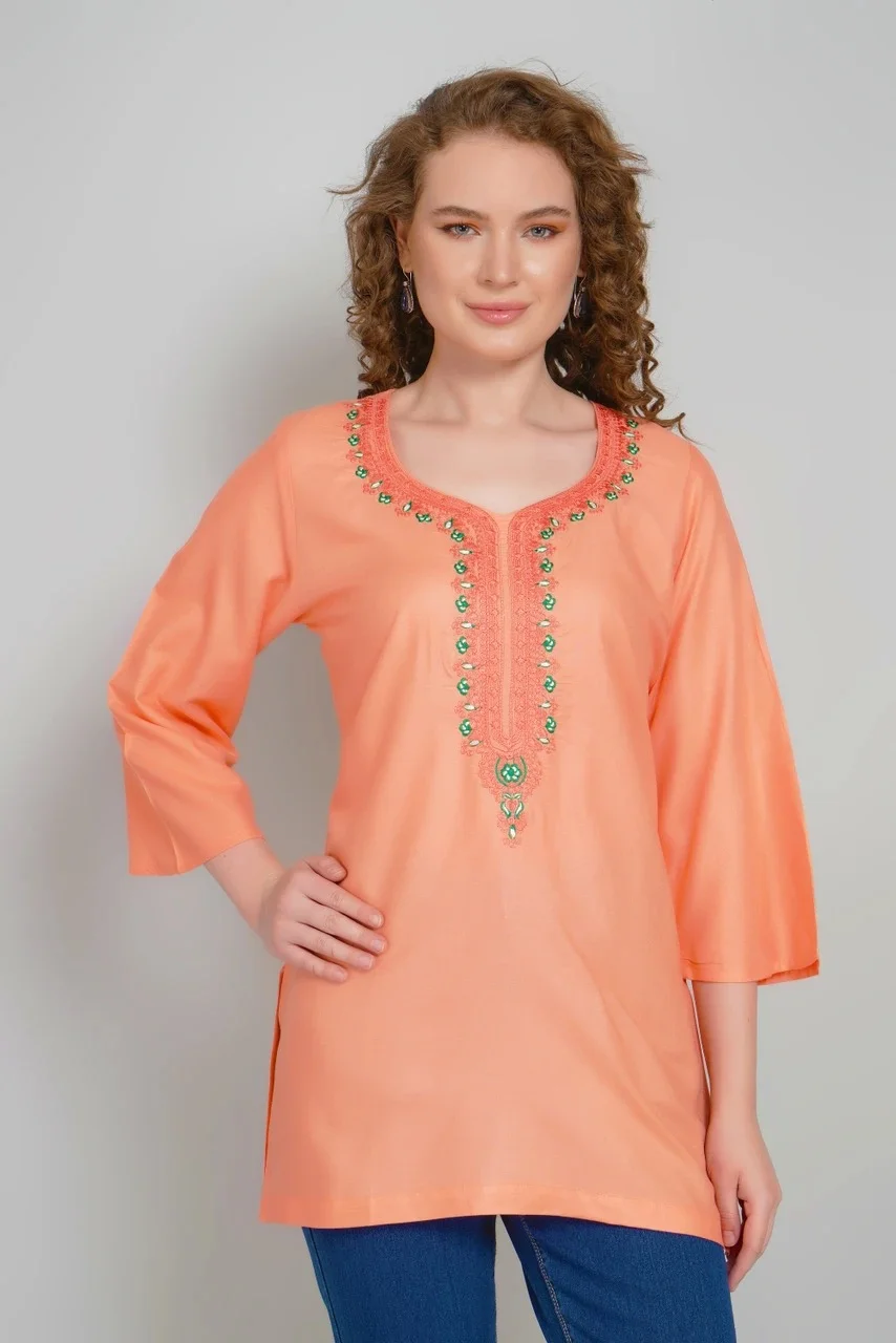 Women Round Neck Embroidered Cotton Tunic Top for Women Casual Ethnic Kurti Style Long Tunic Regular Fit Daily Wear Office Wear Cotton Embroidered Kurta Tunic for Jeans Leggings dependent M image 1