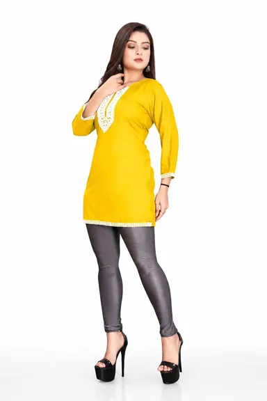 Women’s Vibrant Yellow Straight Fit Short Tunic with Contrast Lace Neckline Yellow  Standard Fit Short Tunic S thumbnail 1