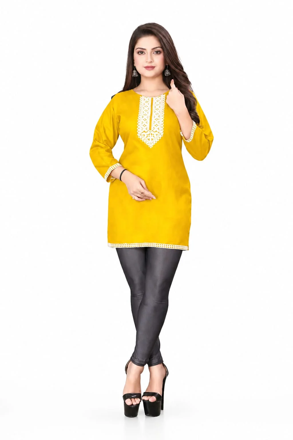 Women’s Vibrant Yellow Straight Fit Short Tunic with Contrast Lace Neckline Yellow  Standard Fit Short Tunic S image 3