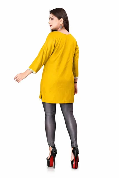 Women’s Vibrant Yellow Straight Fit Short Tunic with Contrast Lace Neckline Yellow  Standard Fit Short Tunic S thumbnail 3