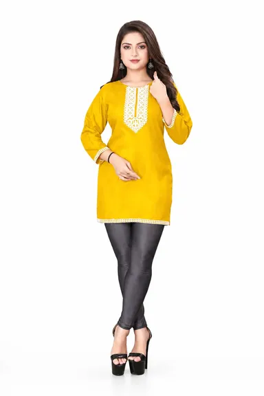 Women’s Vibrant Yellow Straight Fit Short Tunic with Contrast Lace Neckline Yellow  Standard Fit Short Tunic XL thumbnail 2