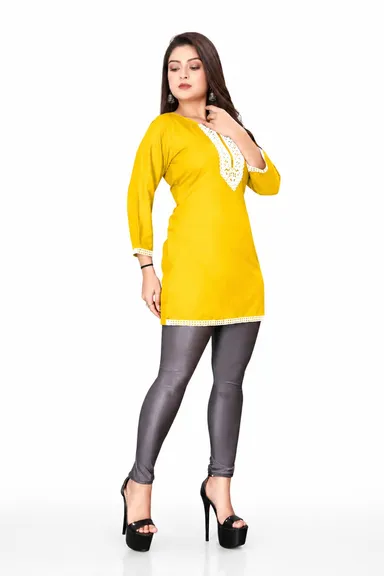Women’s Vibrant Yellow Straight Fit Short Tunic with Contrast Lace Neckline Yellow  Standard Fit Short Tunic XL thumbnail 0