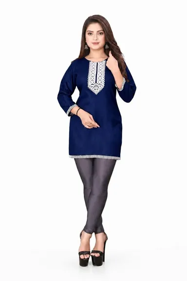 Women’s Vibrant Yellow Straight Fit Short Tunic with Contrast Lace Neckline Navy Blue Rayon S thumbnail 0
