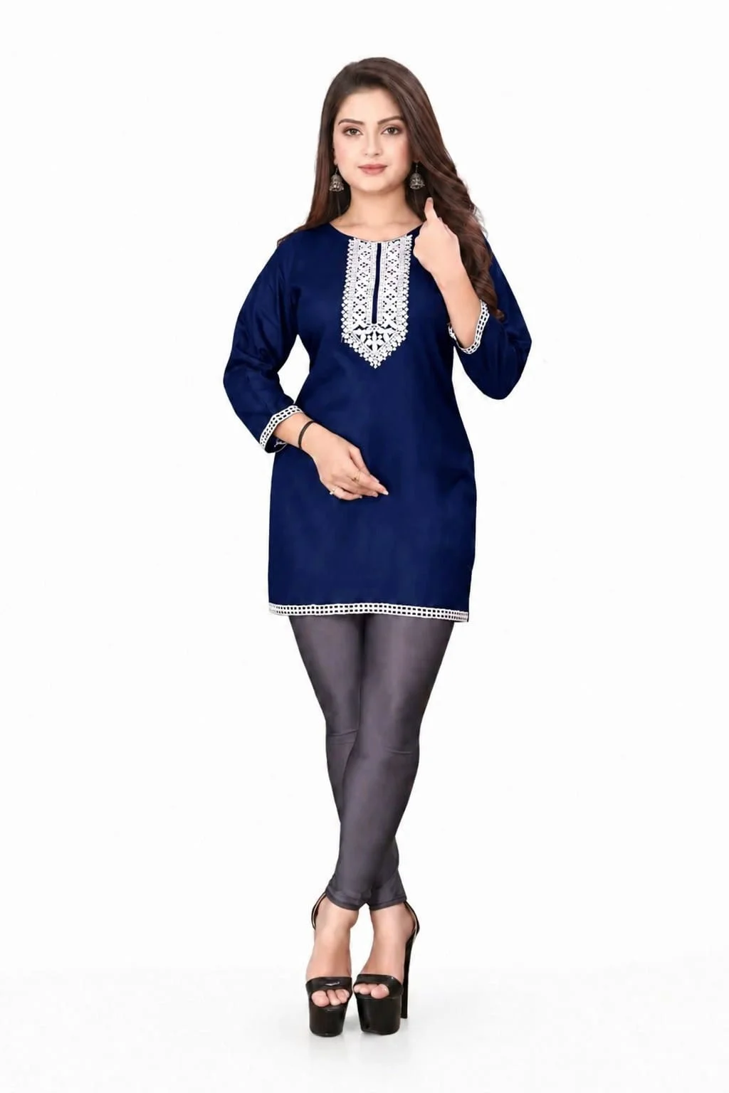 Women’s Vibrant Yellow Straight Fit Short Tunic with Contrast Lace Neckline Navy Blue Rayon XL image 3