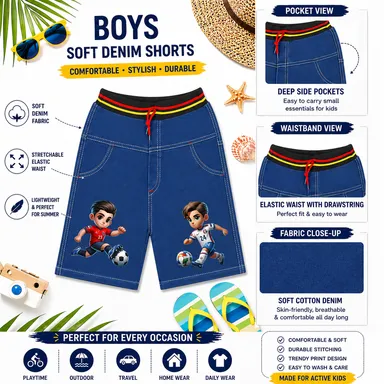 Kids Blue Denim Shorts for Boys with Football Cartoon Print, Elastic Stretch Waist Casual Summer Shorts, Soft Cotton Blend Daily Wear Denim Bottoms for Kids and Toddlers thumbnail 0