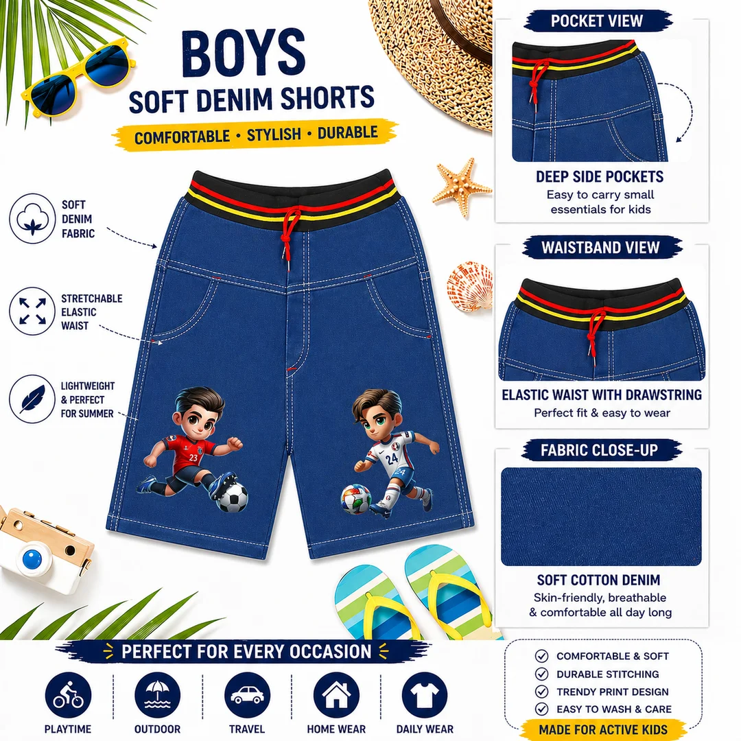 Kids Blue Denim Shorts with Football Cartoon Print for Boys & Girls | Elastic Stretch Waist Casual Cotton Blend Summer Half Pants for Kids Daily Wear Playwear Toddler Denim Shorts image 1