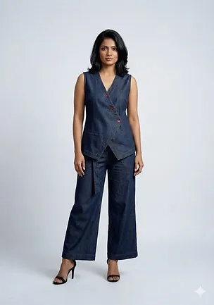 Women Denim Co-ord Set for Girls & Women Blue Cotton Blend Casual Western Two Piece Outfit with Top & Pant Stylish Matching Set for Party Travel Brunch Streetwear Co-ord Set S thumbnail 0