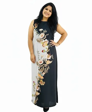 Women Black & White Elegant Full-Length Party Evening Gown Flowy Maxi Dress for Cocktail, Formal, Weddings, and Special Occasions India Gown Black S thumbnail 1