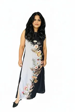 Women Black & White Elegant Full-Length Party Evening Gown Flowy Maxi Dress for Cocktail, Formal, Weddings, and Special Occasions India Gown Black M thumbnail 0
