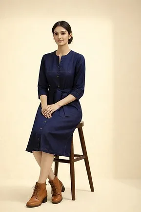 Women Denim Calf-Length Dress Casual A-Line Cotton Blend Daywear Summer Office and Street Style Dress Denim Calf S thumbnail 1