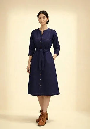 Women Denim Calf-Length Dress Casual A-Line Cotton Blend Daywear Summer Office and Street Style Dress Denim Calf S thumbnail 0