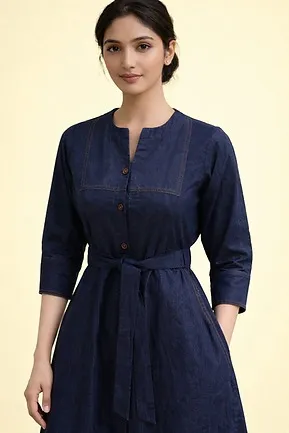 Women Denim Calf-Length Dress Casual A-Line Cotton Blend Daywear Summer Office and Street Style Dress Denim Calf M thumbnail 2