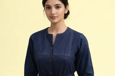 Women Denim Calf-Length Dress Casual A-Line Cotton Blend Daywear Summer Office and Street Style Dress Denim Calf M thumbnail 3