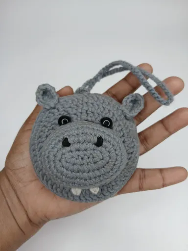 Handmade Crochet Cute Rhino Multi Purpose Pouch for Coins, AirPods, Keys, Bag Charm Accessory, Mini Storage Organizer Gift for Kids and Adults thumbnail 2