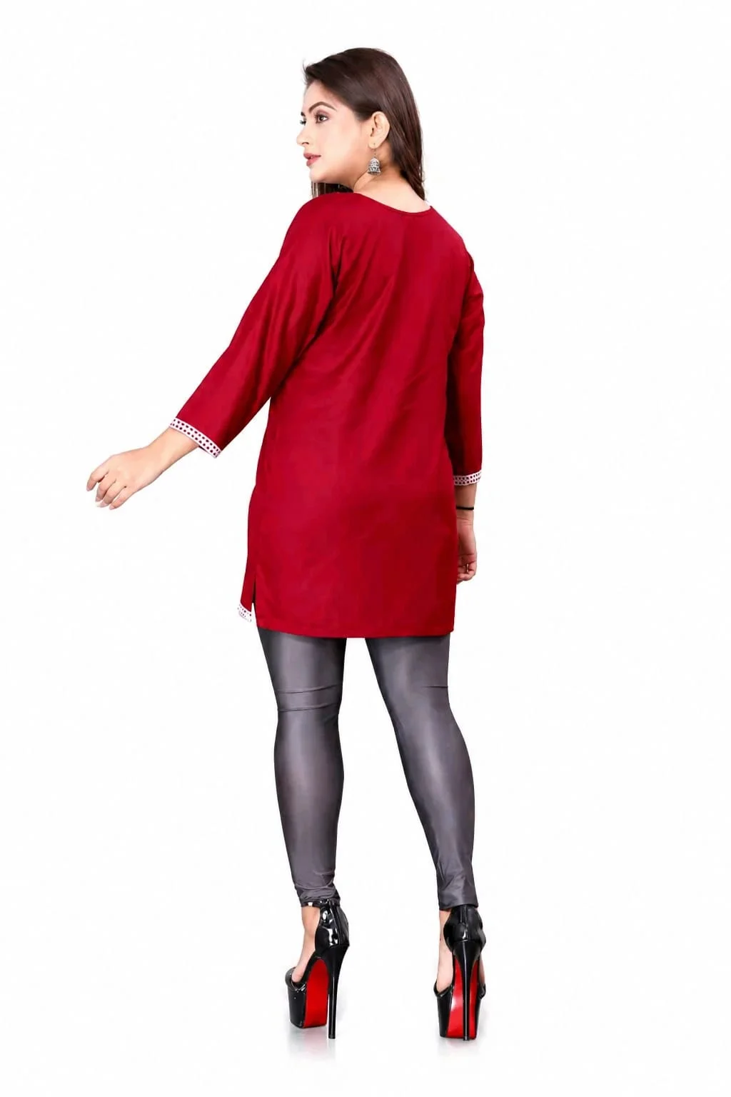 Women Maroon Rayon Embroidered Straight Kurti with 3/4th Sleeves and Lace Border Work Maroon Rayon Embroidered Straight XL image 2