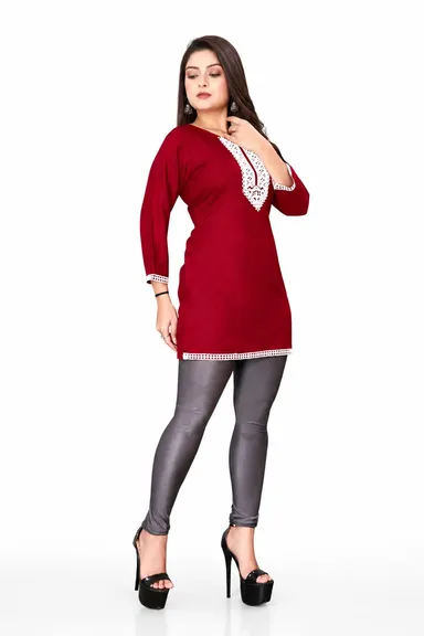 Women Maroon Rayon Embroidered Straight Kurti with 3/4th Sleeves and Lace Border Work Maroon Rayon Embroidered Straight XL thumbnail 2