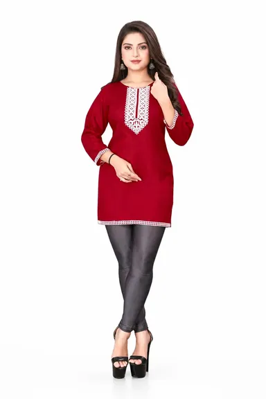 Women Maroon Rayon Embroidered Straight Kurti with 3/4th Sleeves and Lace Border Work Maroon Rayon Embroidered Straight XL thumbnail 0