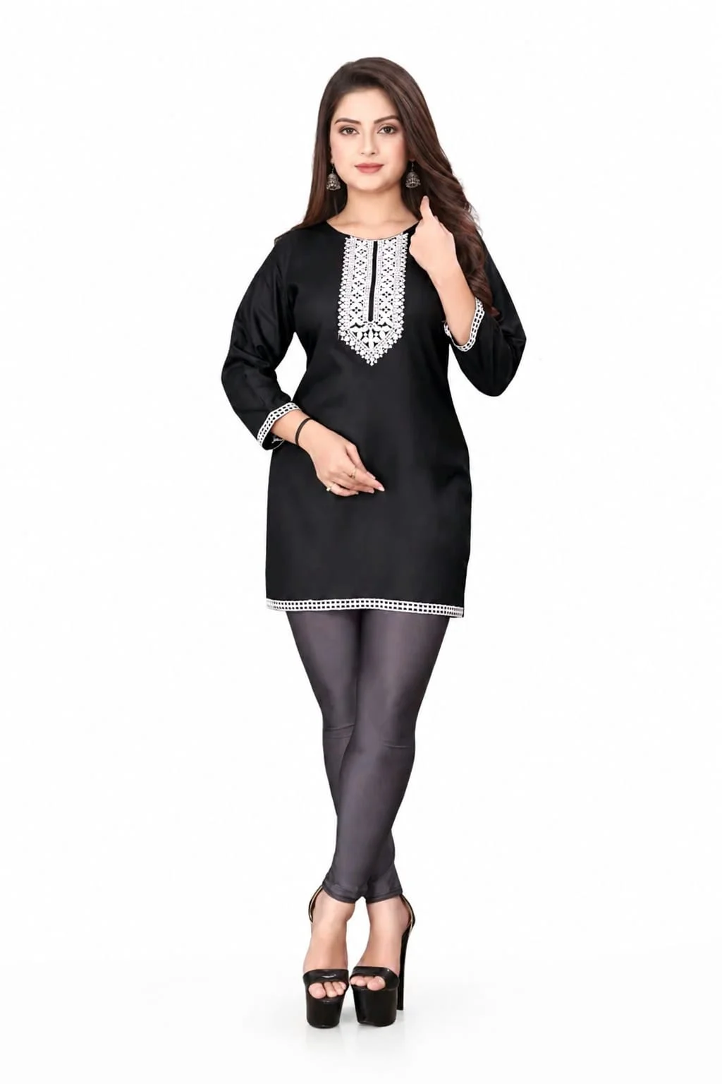 Women Maroon Rayon Embroidered Straight Kurti with 3/4th Sleeves and Lace Border Work Variant Name	SKU Black Embroidered Rayon Short Kurti S image 4