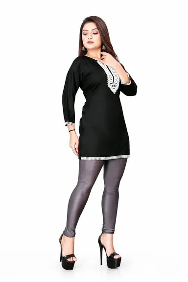 Women Maroon Rayon Embroidered Straight Kurti with 3/4th Sleeves and Lace Border Work Variant Name	SKU Black Embroidered Rayon Short Kurti XL thumbnail 1