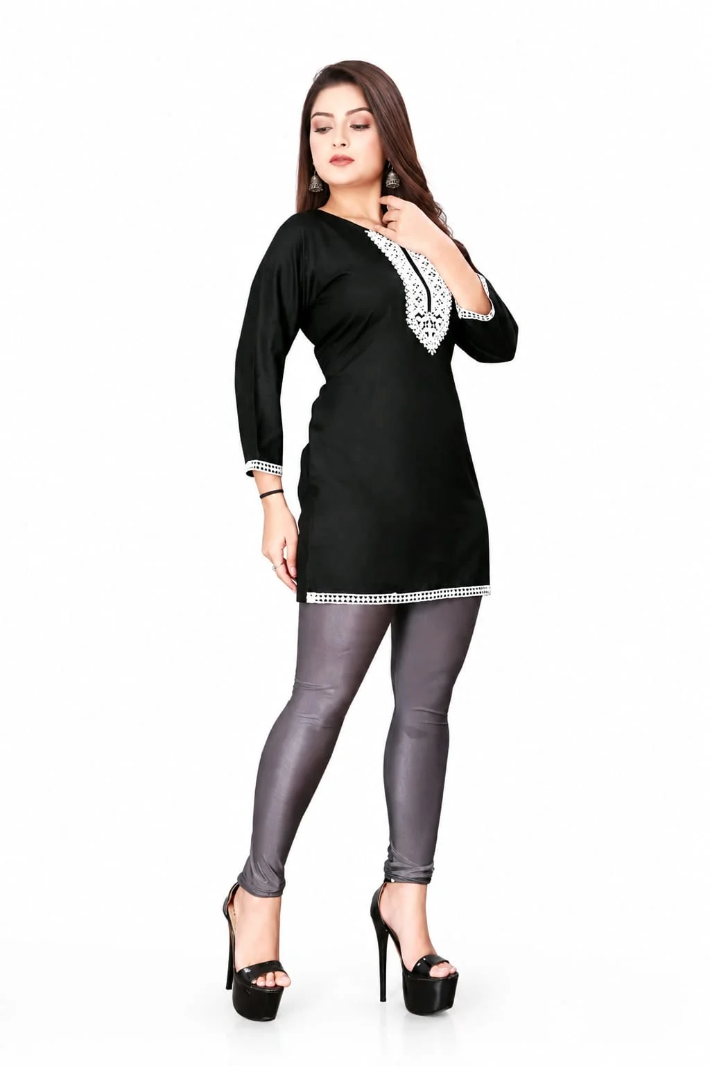 Women Maroon Rayon Embroidered Straight Kurti with 3/4th Sleeves and Lace Border Work Variant Name SKU Black Embroidered Rayon Short Kurti XXL image 2