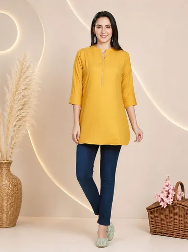 Women Mustard Yellow Solid Rayon Mandarin Collar Straight Tunic Kurti Mustard Yellow Rayon Straight Tunic S thumbnail 2