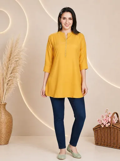 Women Mustard Yellow Solid Rayon Mandarin Collar Straight Tunic Kurti Mustard Yellow Rayon Straight Tunic S thumbnail 3
