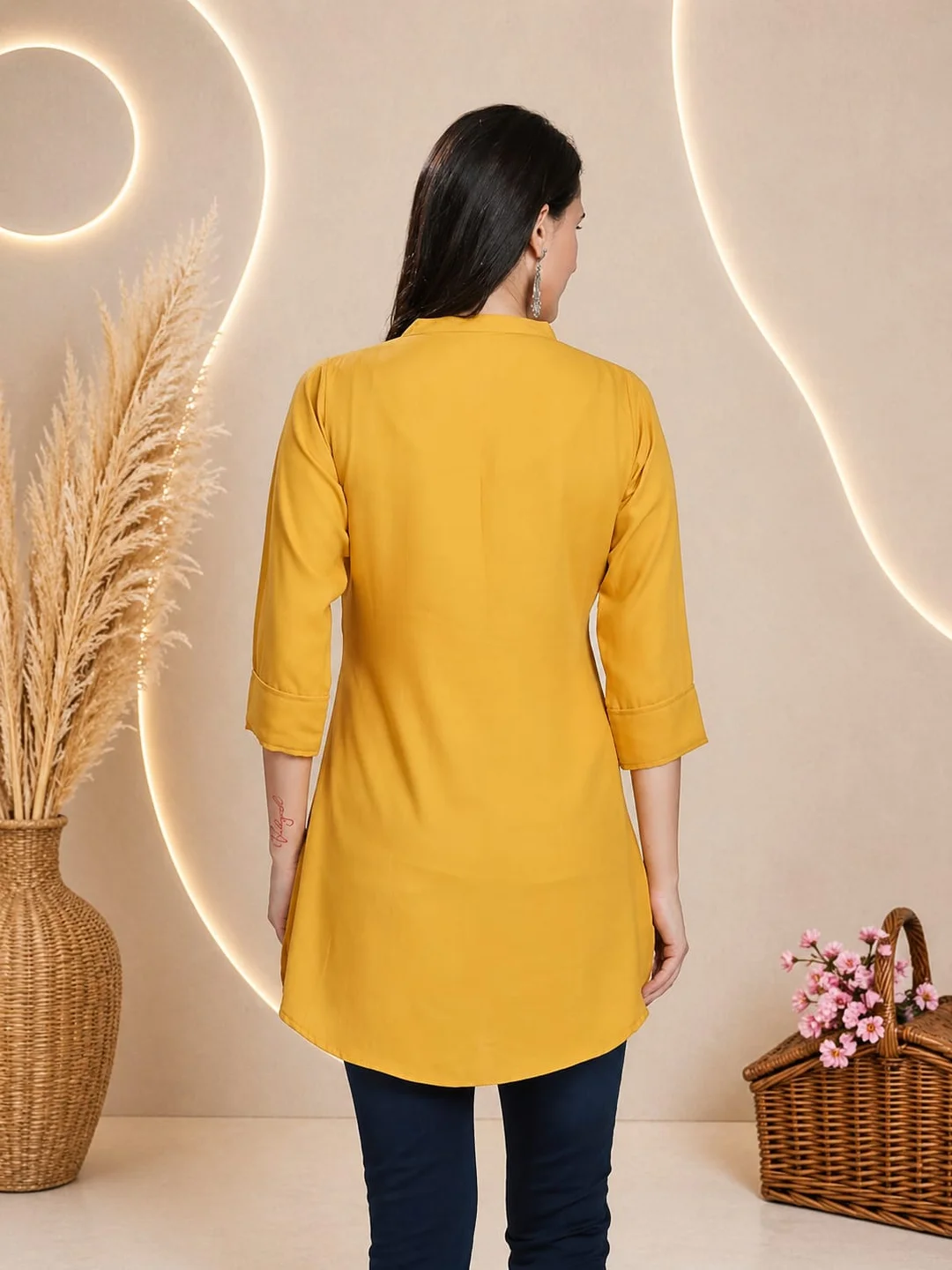 Women Mustard Yellow Solid Rayon Mandarin Collar Straight Tunic Kurti Mustard Yellow Rayon Straight Tunic L image 2
