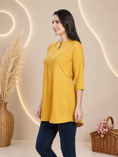 Women Mustard Yellow Solid Rayon Mandarin Collar Straight Tunic Kurti Mustard Yellow Rayon Straight Tunic L thumbnail 0