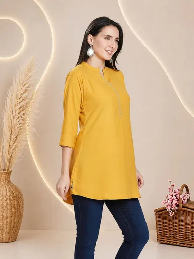 Women Mustard Yellow Solid Rayon Mandarin Collar Straight Tunic Kurti Mustard Yellow Rayon Straight Tunic XXL thumbnail 2