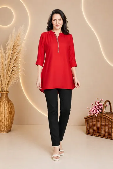 Women Mustard Yellow Solid Rayon Mandarin Collar Straight Tunic Kurti Red Rayon Embroidered Tunic L thumbnail 0