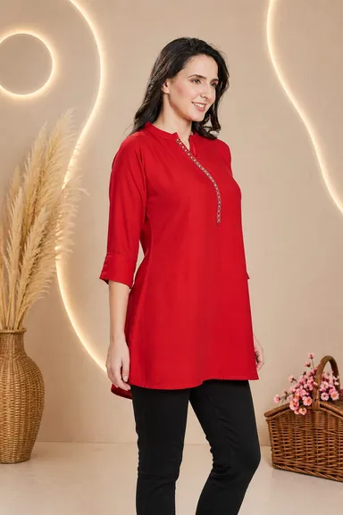 Women Mustard Yellow Solid Rayon Mandarin Collar Straight Tunic Kurti Red Rayon Embroidered Tunic XL thumbnail 2