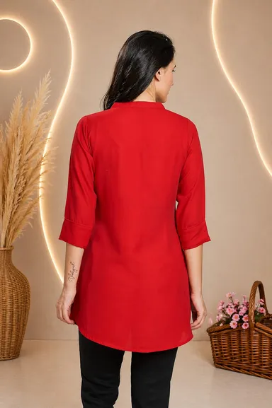 Women Mustard Yellow Solid Rayon Mandarin Collar Straight Tunic Kurti Red Rayon Embroidered Tunic XXL thumbnail 3