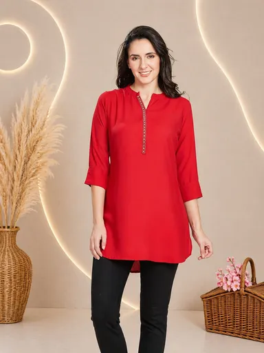 Women Mustard Yellow Solid Rayon Mandarin Collar Straight Tunic Kurti Red Rayon Embroidered Tunic XXL thumbnail 4