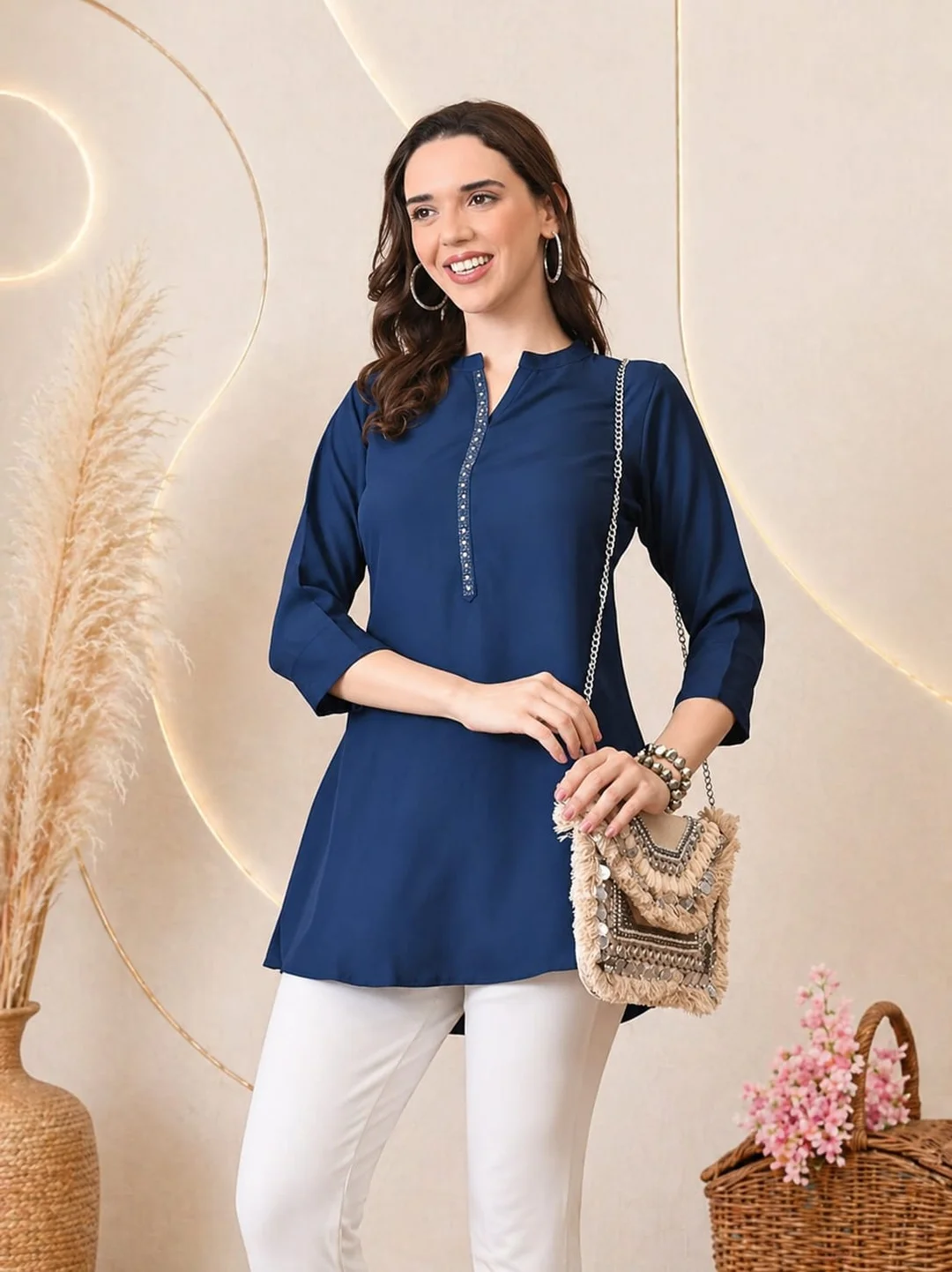 Women Mustard Yellow Solid Rayon Mandarin Collar Straight Tunic Kurti Navy Blue Cotton Blend Kurti M image 3