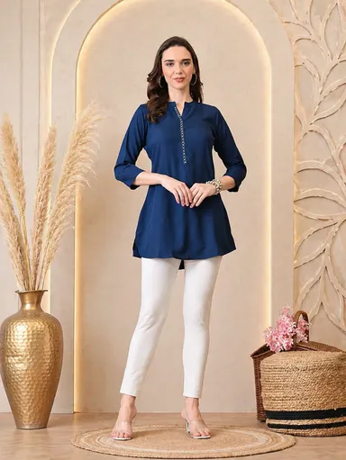 Women Mustard Yellow Solid Rayon Mandarin Collar Straight Tunic Kurti Navy Blue Cotton Blend Kurti L thumbnail 3