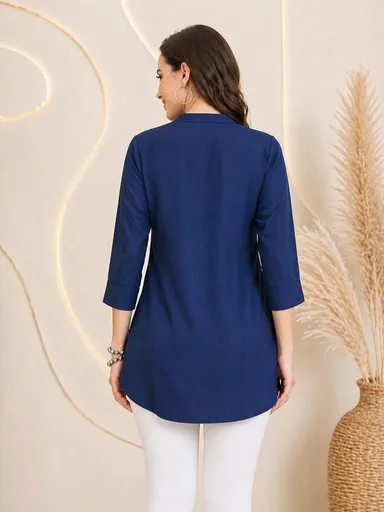 Women Mustard Yellow Solid Rayon Mandarin Collar Straight Tunic Kurti Navy Blue Cotton Blend Kurti XL thumbnail 4