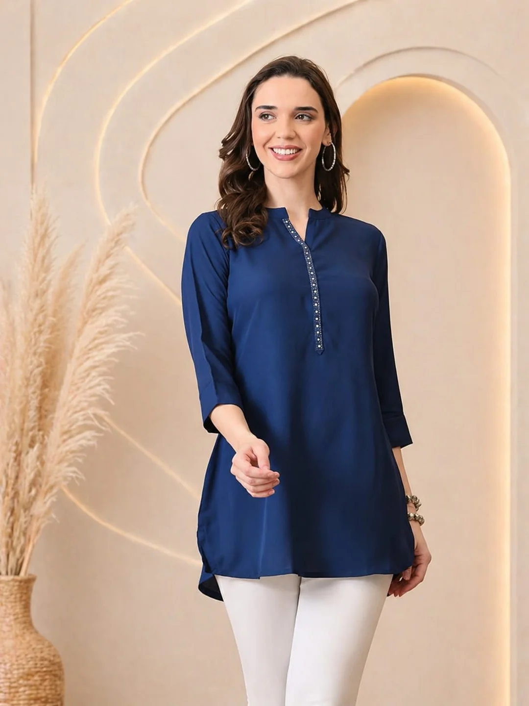 Women Mustard Yellow Solid Rayon Mandarin Collar Straight Tunic Kurti Navy Blue Cotton Blend Kurti XXL image 2